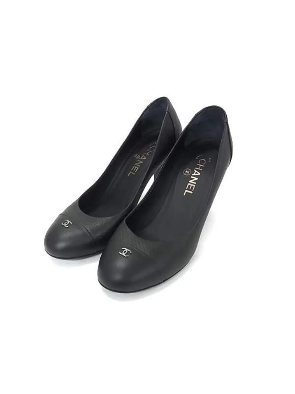 Chanel CC Logo Leather Heels Shoes Black